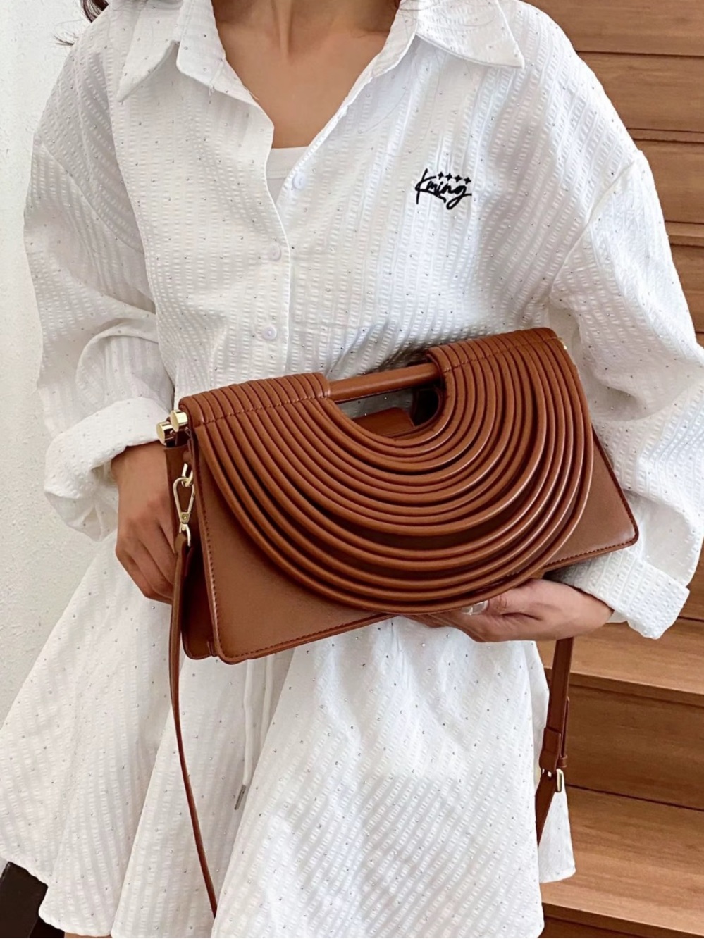 Bottega Inspired Structured Crescent Crossbody Bag in Brown